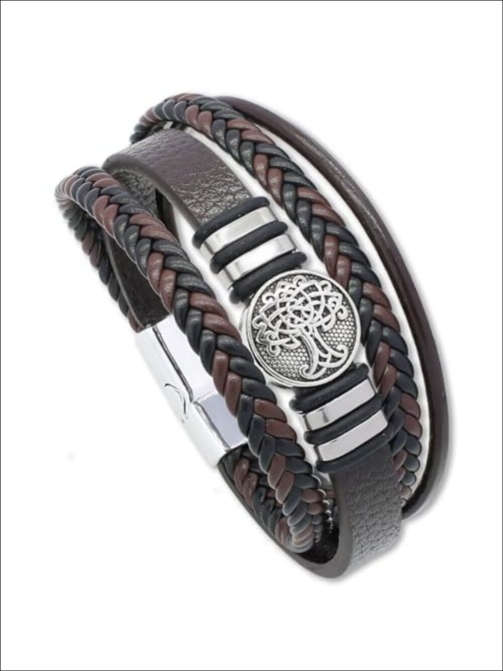 Mens Stainless Steel & Genuine Leather Braided Cuff Bracelet